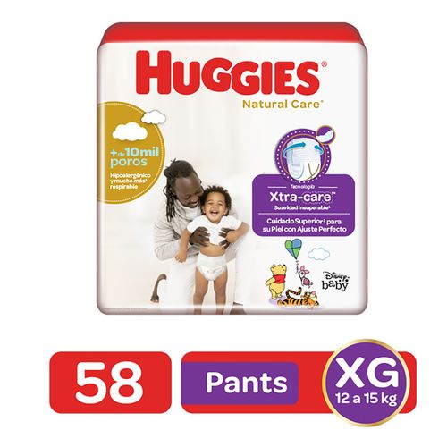 Pañales Huggies Natural Care Pants Etapa 4/XG Hipoalergénico, 12-15kg - 58 unidades