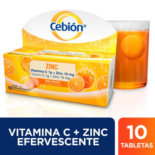 Tabletas Efervescentes Marca Cebión de Vitamina C + Zinc con -10 uds