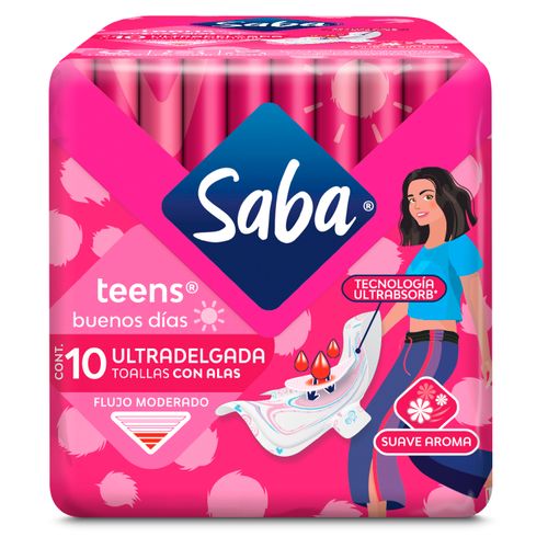Toallas Femeninas Saba Teens Ultradelgada Flujo Moderado Con Alas - 10 uds