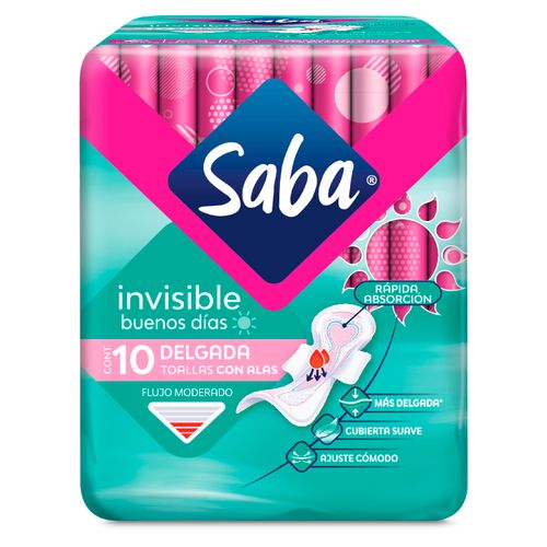 Toallas Femeninas Saba Invisible Delgada Flujo Moderado Con Alas - 10 uds