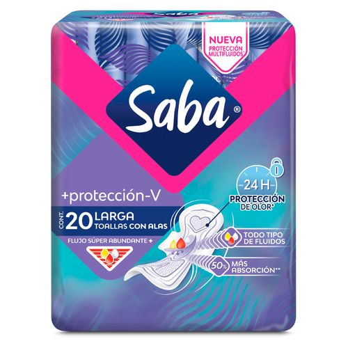 Toallas Sanitarias Saba Más protección-V Largas Flujo Súper Abundante Con Alas - 20Uds