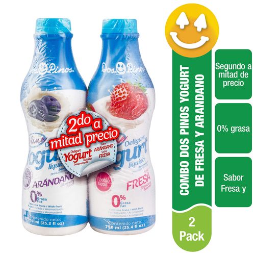 Yogurt Líquido Dos Pinos inline Fresa Y Arándano, Descremado 0% Grasa 2 Pack - 750ml