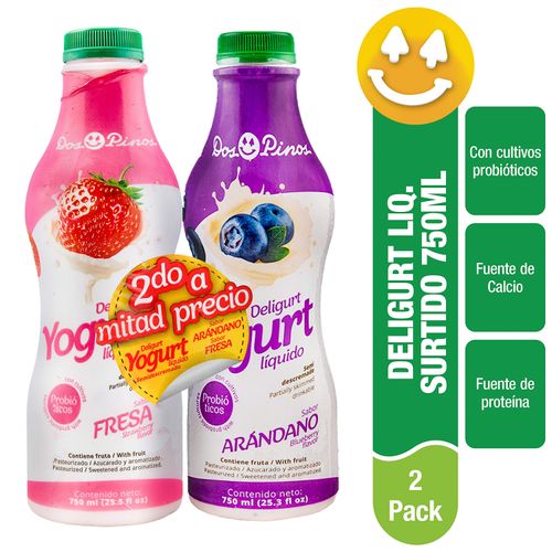 Yogurt Líquido Dos Pinos Sabor Fresa Y Arándano, Semidescremado, Con Probióticos 2 Pack - 750ml