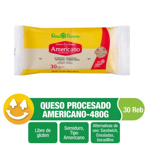 Queso Dos Pinos Tipo Americano 30 rebanadas, Semiduro Sin Glúten - 480g