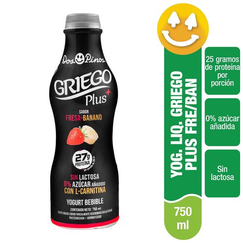 Yogurt Líquido Dos Pinos Griego Sabor Fresa-Banano, Sin Lactosa, 0% Azúcar Añadido Y Con L-Carnitina - 750ml