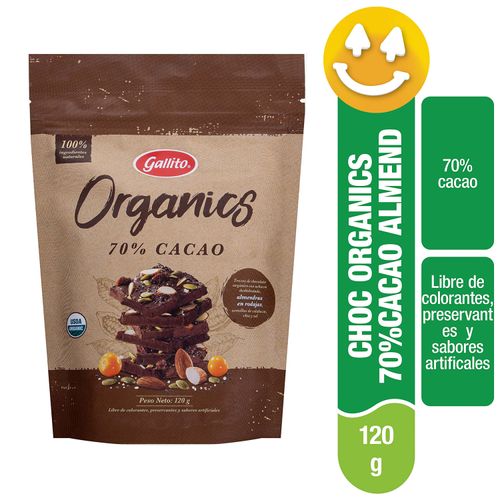 Chocolate Gallito Organics 70% cacao Con Almendras, Semillas De Calabaza Y Chía - 120g