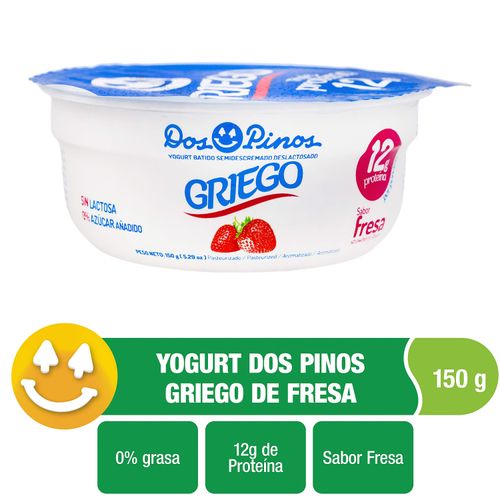 Yogurt Dos Pinos Griego Sabor Fresa, Semidescremado, Sin Lactosa, 0% Azúcar Añadido - 150g