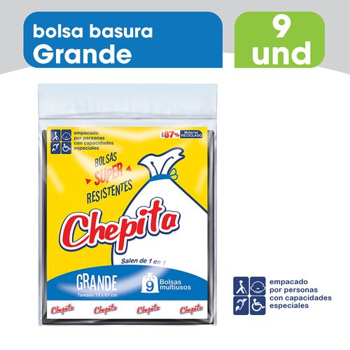 Bolsa Basura Grande Chepita Negra, Super Resistentes - 9Uds