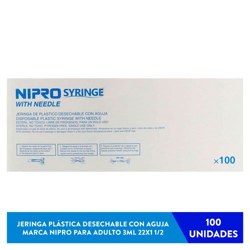 Jeringa Plástica Desechable Con Aguja Nipro Para Adulto 3ml 22X1 1/2 - 100Uds, Precio indicado por unidad