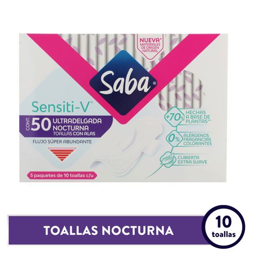 Toalla Femenina Nocturna Saba Sensitive V Nocturna Con Alas, 5Pack