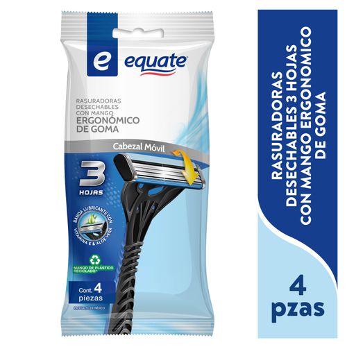 Rasuradoras Desechables Equate 3 Hojas Mango Ergonómico De Goma - 4Pzas