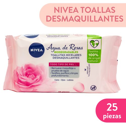 Toallas Desmaquillante Micelares Nivea Agua De Rosas, Cara, Ojos Y Labios - 25Uds