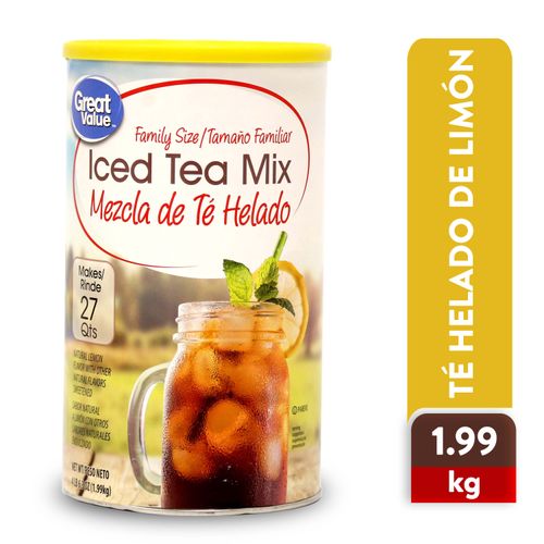 Mezcla de té helado Great Value sabor limon en polvo tamaño familiar rinde 27 vasos - 1.99 kg