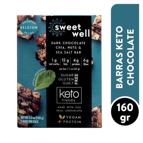 Barras Sweetwell con chocolate oscuro chía nueces y sal marina 32g, keto sin azúcar sin gluten sin lácteos vegana 5-Pack