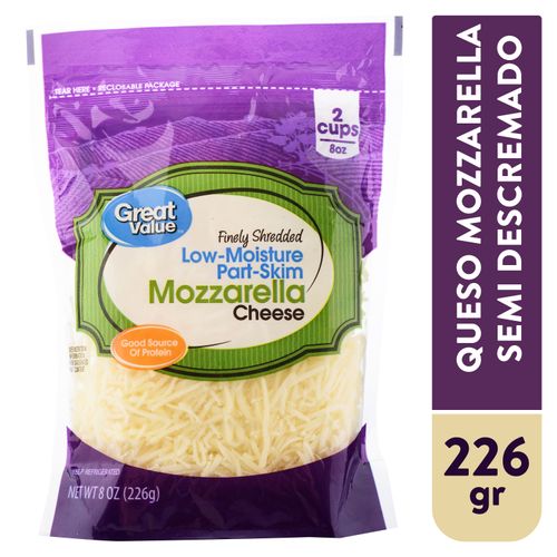Queso Great Value Mozzarella Rallado -226gr