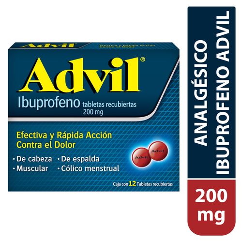 Analgésico Ibuprofeno, Advil, Caja 12 Tabletas Recubiertas