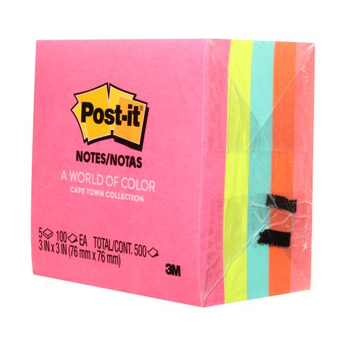 Notas Super Adhesivas Post-it®, Colores Neón, 5 Blocs/ Paquete, 7,6 cm x 7.6 cm