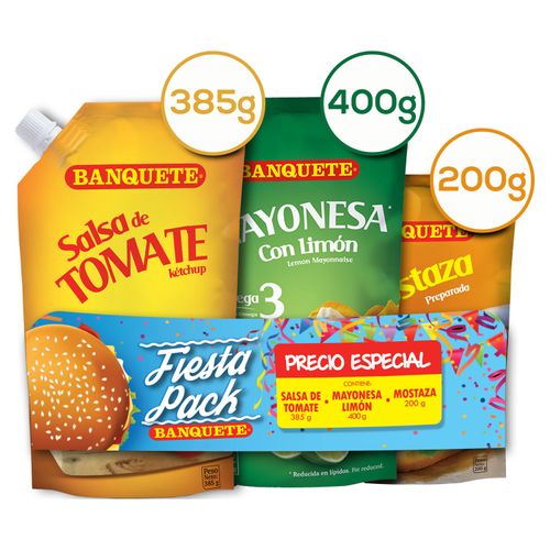 Fiesta Pack Banquete Salsa Tomate Ketchup, Mayonesa Limón Y Mostaza Doypack - 985g