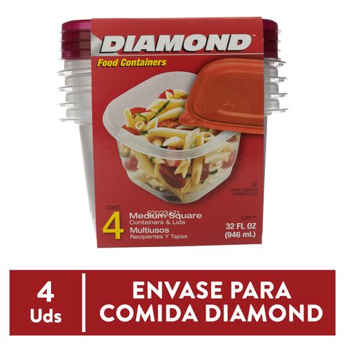 Recipiente Diamond Medium Square 4 unidades 32 onzas