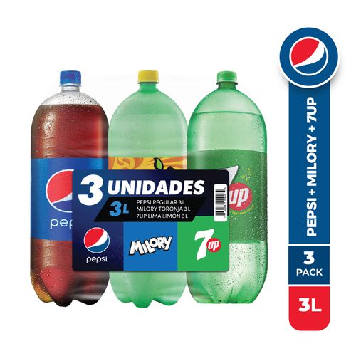 3 Pack Refresco Pepsi, 7Up, Milory -9000ml