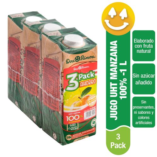 Jugo De Manzana Dos Pinos 100% Concentrado, 0% Azúcar Añadido 3 Pack - 1Lt