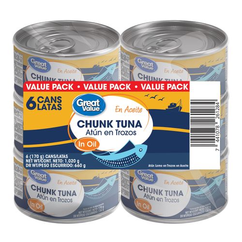 Atún en trozos Great Value en aceite 6 pack - 1020 g