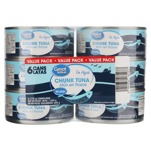 Atún en trozos Great Value en agua 6 pack - 1020 g