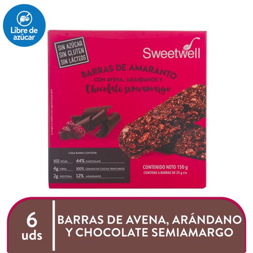 Barras Sweetwell De Amaranto Con Avena, Arándanos Y Chocolate Semiamargo 25 G. Sin Azúcar, Sin Gluten, Sin Lácteos, 6-Pack