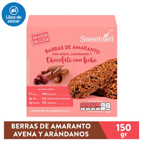 Barras de amaranto Sweetwell con avena arándanos y chocolate con lech 6 Uds - 150 g