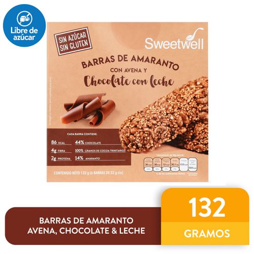 Barras Sweetwell De Amaranto Con Avena Y Chocolate Con Leche 22 G. Sin Azúcar, Sin Gluten, 6-Pack