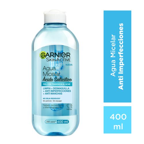 Agua Micelar Garnier, Anti Imperfecciones Express Aclara tratamiento concentrado (Ácido Salicílico + Vitamina C) -400ml