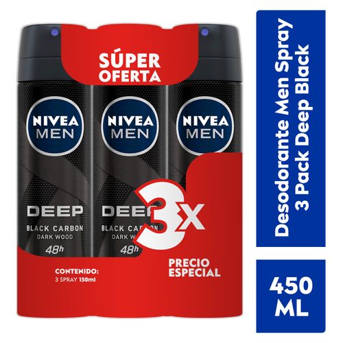 Desodorante Nivea Men Spray 3 Pack Deep Black -450ml