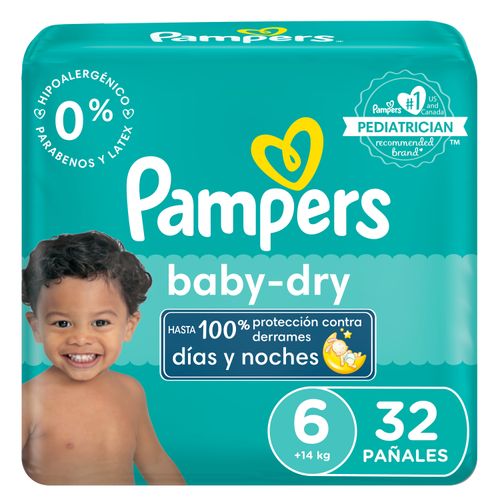 Pañales Pampers Baby-Dry Protección contra Derrames para Días y Noches Talla 6 -32 Uds