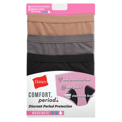 Boyshort Hanes, de Periodo para mujer, flujo Moderado, 3 pack surtido -Talla 6