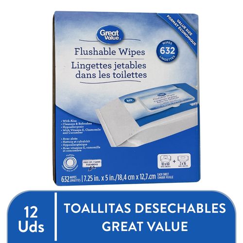 Toallas Desechables Flushables Húmedas Great Value, Hipoalergénica Con Aloe - 632Uds