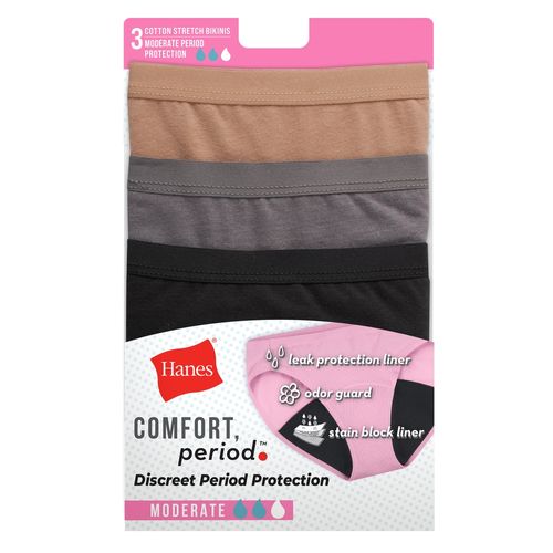 Panty Bikini Hanes, de Periodo para mujer, flujo Moderado, 3 pack surtido -Talla 9