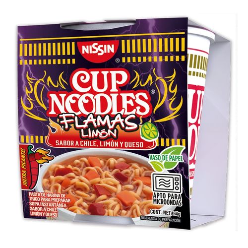 Sopa Instantanea Nissin, Cup Noodles Sabor Flamas Limón Vaso de Papel - 64g