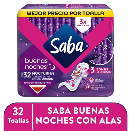 Toallas Femeninas Saba Buenas Noches Flujo Súper Abundante Con Alas - 32 uds