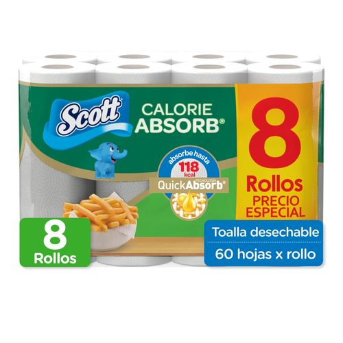 Toalla de Papel Desechable Scott Calorie Absorb 8 Rollos -60 hojas