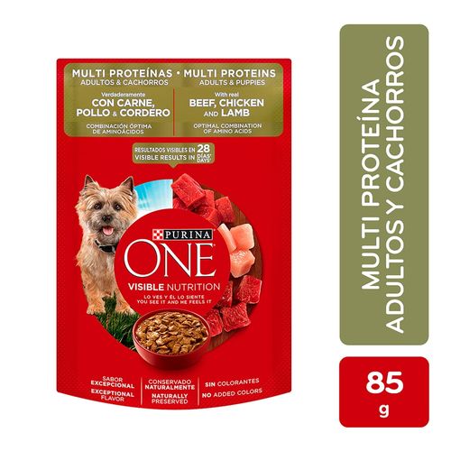 Alimento húmedo Purina one multi proteínas para perro adulto sabor carne pollo y cordero - 85 g