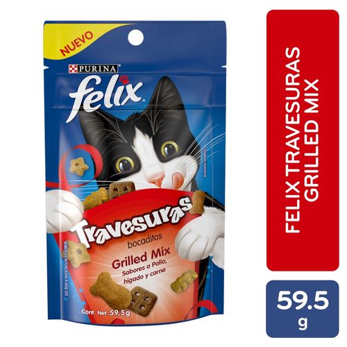 Snack travesuras para gatos Purina felix sabor a pollo higado y carne - 59.5 g