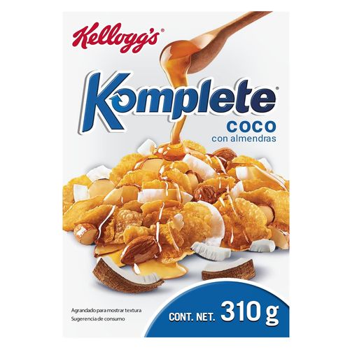 Cereal Kellogg's® Komplete® Coco con Almendras - Hojuelas de Maíz con Sabor a Coco Mezcladas con Almendras Recubiertas con Miel y Chips de Coco - 1 Ca