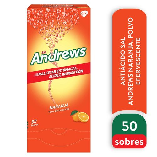 Polvo Efervescente Antiácido, Sal Andrews Sabor Naranja, Caja 50 Sobres - Precio Indicado Por Sobre