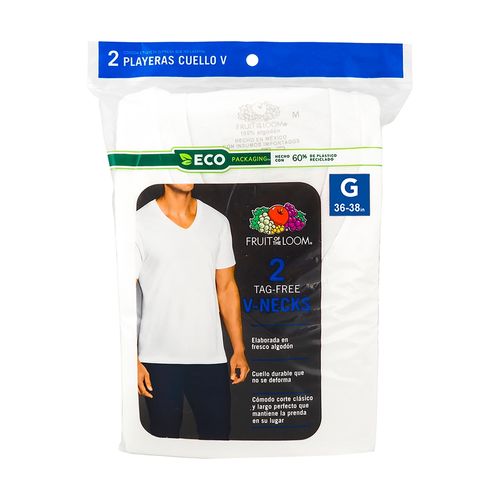 Camiseta Blanca Fruit Of The Loon, Caballero Cuello V 2 Pack Talla L
