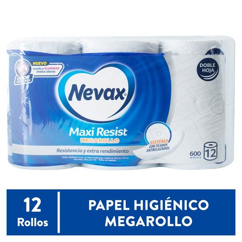 Papel higiénico Nevax megarollo maxi resist 12 rollos 600 hojas 2 capas - 1400 g