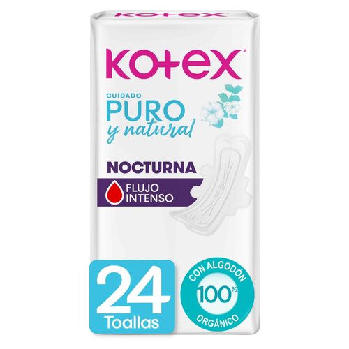 Toallas Higiénicas Kotex Puro y Natural Nocturna -24 Uds