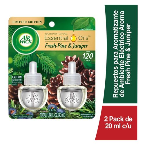 Aromatizante Ambiental AirWick Essential Oils Respuesto Pino Fresco y Enebro 2pack - 20 ml c/u