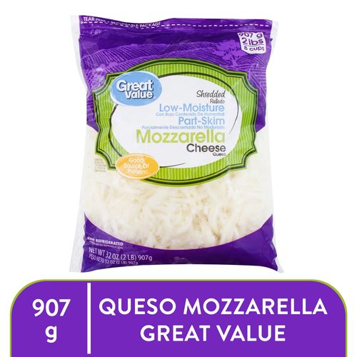 Queso Great Value Mozzarella Rallado Parcialmente Desnatado y Bajo en Humedad - 907 g
