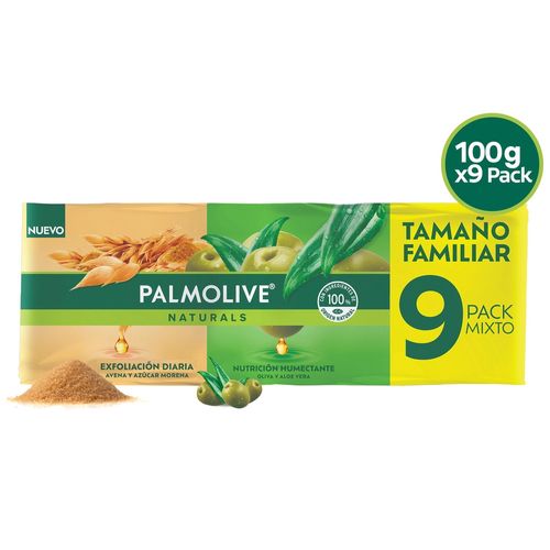 Jabón Corporal Palmolive Naturals Oliva y Aloe Vera, Avena y Azúcar Morena 9 Pack -100g