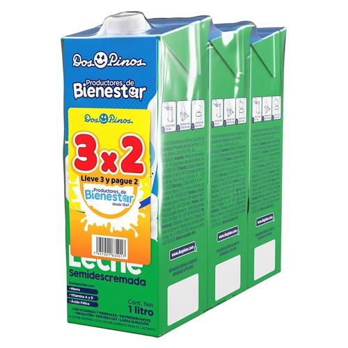 Leche Dos Pinos Semidescremada, Enriquecida Con Hierro, Vitamina A Y Ácido Fólico 3 Pack - 1 L